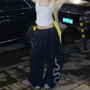 街舞潮牌超薄黑色爵士珍珠印花速干长裤嘻哈美式跳舞运动裤图片
