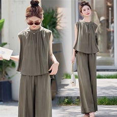 2025夏季新款时尚套装女高级感韩气无袖上衣高腰显瘦阔腿裤两件套，女装套装/套裙，布依丽人