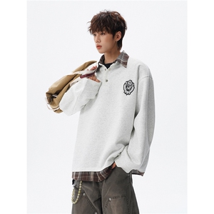 现货WY10207-特批40 控78 撞色拼接学院风假两件衬衫领男大码卫衣，男装衬衫，电商A059