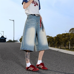 夏季薄款复古水洗牛仔短裤新款潮流宽松休闲阔腿七分裤图片