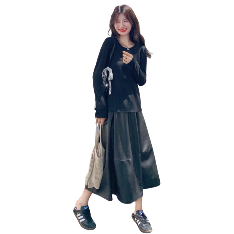 韩版时尚百搭圆领短袖T恤减龄叠穿针织背心PU皮半身裙三件套女潮,女装套装/套裙,2C166