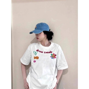 H0563-P35韩版休闲字母花朵印花短袖t恤女高级感小众上衣夏图片