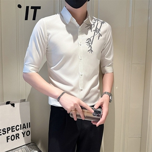 店主风社会小伙男烫砖高级感七分袖衬衫男衬衣301A-1/CS564/P55图片