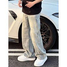 潮牌泼墨牛仔裤男女美式高街休闲长裤宽松直筒裤子K70716P47网图，男装牛仔裤，电商B245