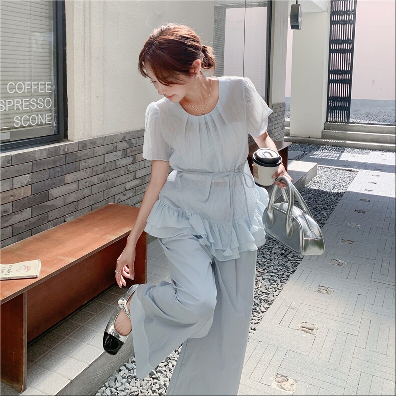 高级感蓝色上衣阔腿裤套装女2025夏季新款法式温柔显瘦漂亮两件套,女装套装/套裙,2C213