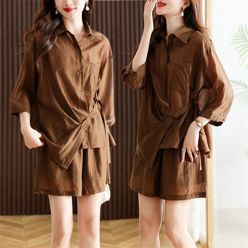 时尚天丝套装女夏季新款宽松显瘦气质短袖衬衫+高腰短裤两件套，女装套装/套裙，深水步