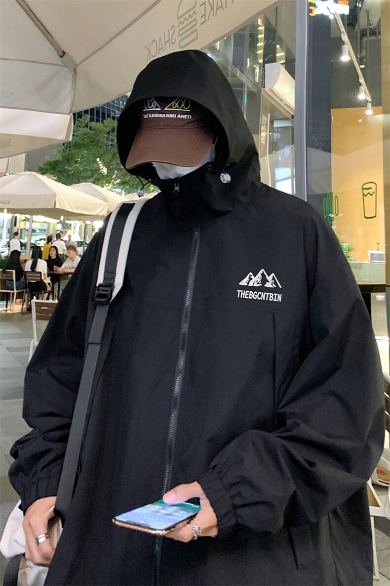 港风夜景时尚宽松字母印花连帽冲锋衣夹克F381P65控88,男装夹克,电商A247