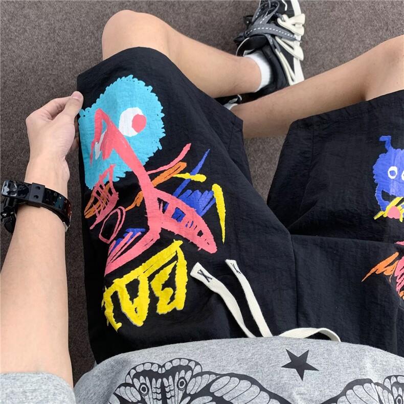 欧美涂鸦运动短裤男夏季潮牌oversize高街美式vibe多巴胺穿搭中裤图片