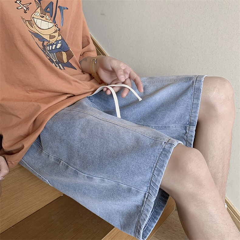 牛仔短裤男直筒裤港风宽松美式复古休闲抽绳牛仔裤D351-P40,男装牛仔裤,星座717