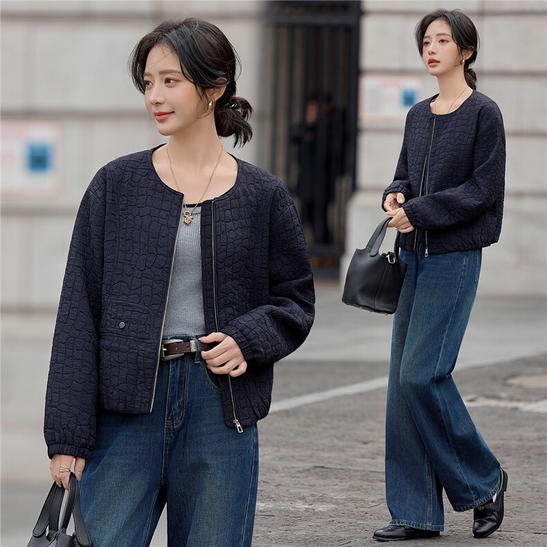 藏青色肌理感圆领短外套女小个子2026秋季新款时尚夹克棒球服图片