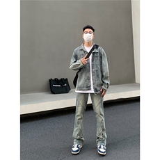 美式复古水洗微喇牛仔裤男高街设计感纽扣修身显瘦长裤NZG40，男装牛仔裤，星座516A