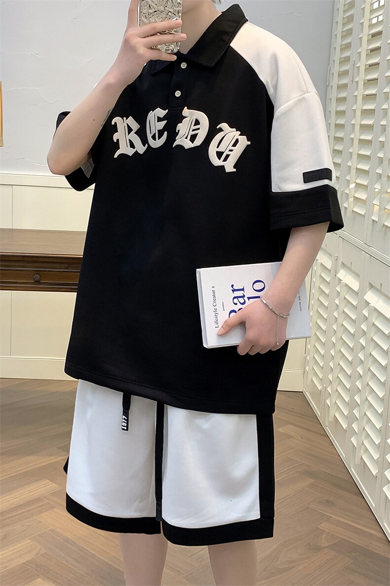 夏款学生撞色拼接半袖套装时尚翻领短裤T恤男女7805-P75控价108,男装T恤,电商A441-1
