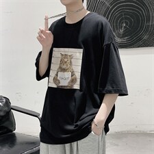 韩系素简监狱猫印花短袖T恤大码宽松男潮517A-1-T916-P28控38,男装T恤,星座517A-1,四季星座 韩系素简监狱猫印花短袖T恤大码宽松男潮517A-1-T916-P28控38,男装T恤,星座517A-1,四季星座