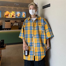 美式复古潮牌刺绣黄色格子衬衫男女短袖夏季宽松休闲情侣格纹，男装衬衫，星座716-2