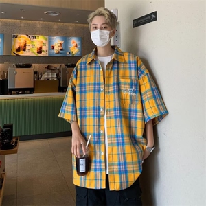 美式复古潮牌刺绣黄色格子衬衫男女短袖夏季宽松休闲情侣格纹图片