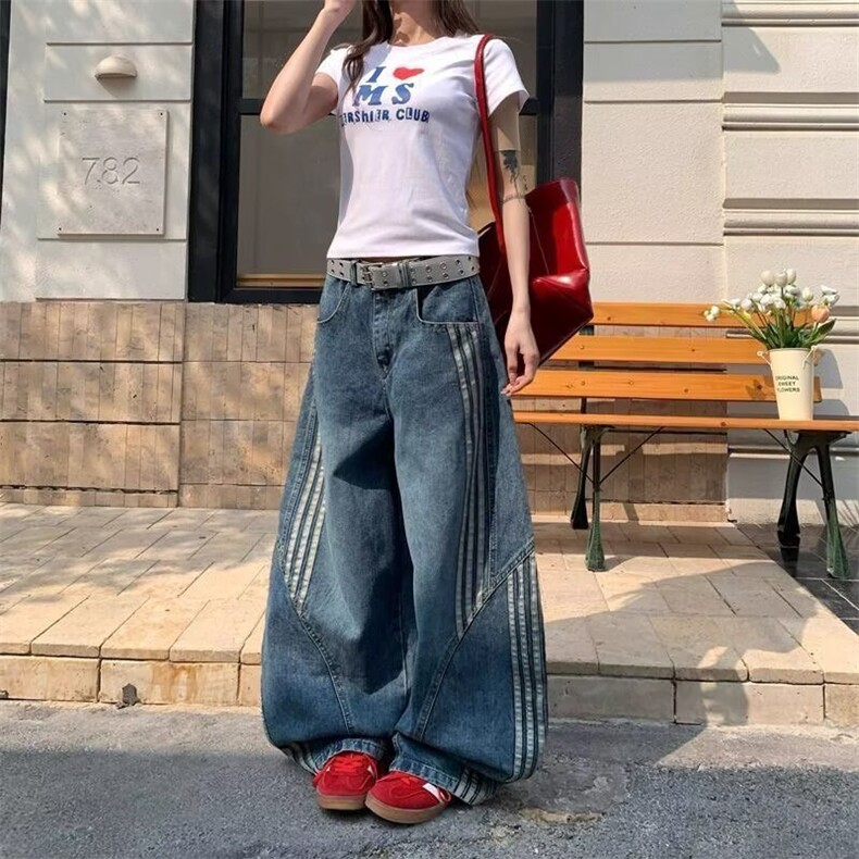 大码美式设计侧条纹阔腿牛仔裤女夏季2025宽松显瘦高腰拖地直筒裤图片