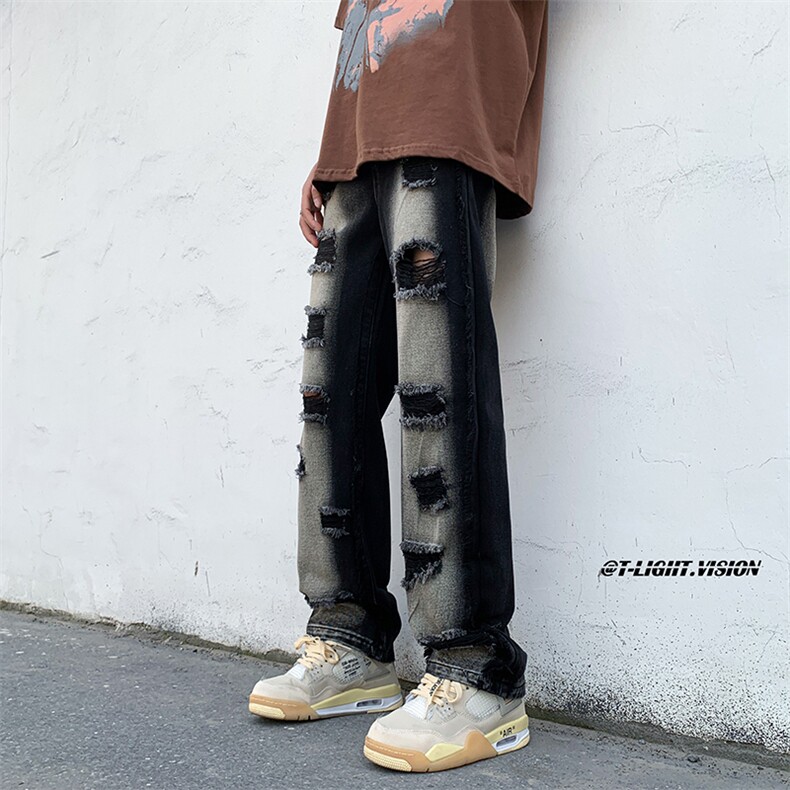 B221美式ins高街暗黑小众毛边破洞直筒牛仔裤LK23107-P65控88,男装牛仔裤,电商B221