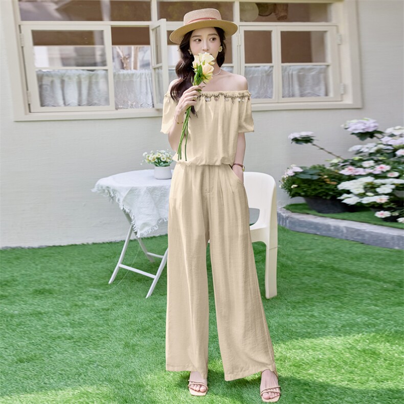 波西米亚天丝牛仔泡泡袖花苞上衣阔腿裤套装两件套女2025初夏穿搭,女装套装/套裙,韩美纤衣