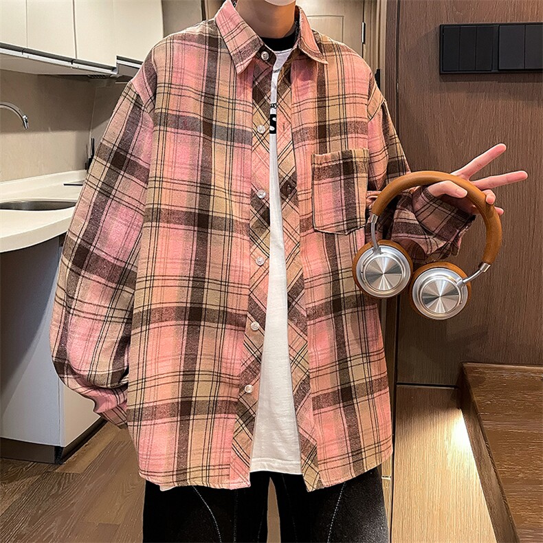 控价59港风格子衬衫宽松外套男女衬衣百搭格子外套CS2401P35,男装衬衫,电商A128