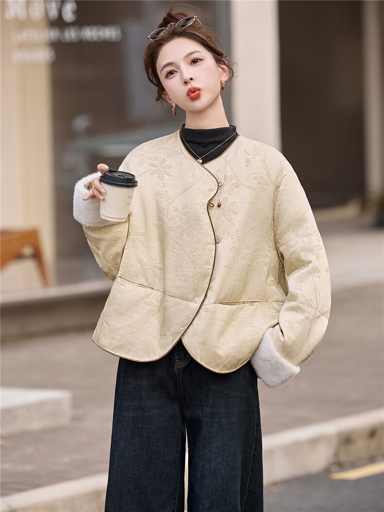 羽绒服女提花短外套2025冬季新款新中式白鸭绒上衣,女装羽绒服,仟媚宠