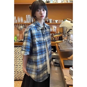 【有货】DHJ85-批35格子短袖衬衫男夏季半袖衬衣港风高级感痞帅图片