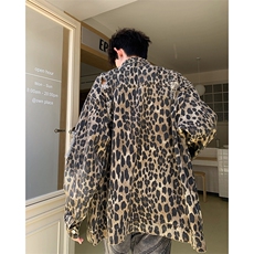美式复古做旧豹纹破洞翻领牛仔夹克男秋季设计感潮牌外套，男装夹克，星座410-7
