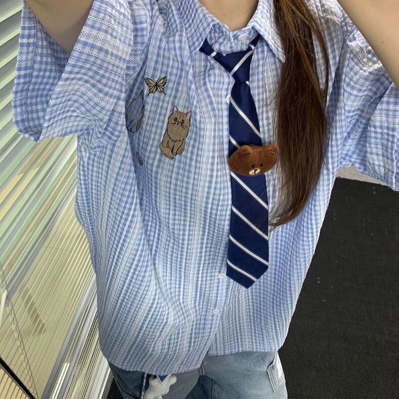 刺绣宽松格子短袖2025衬衫外搭新款日系夏季衬衣上衣CS118,男装衬衫,星座1116A（原606A-3）
