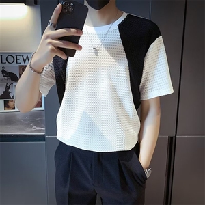 夏季短袖T恤男设计感镂空撞色衣服男款夏装薄款上衣 T570图片