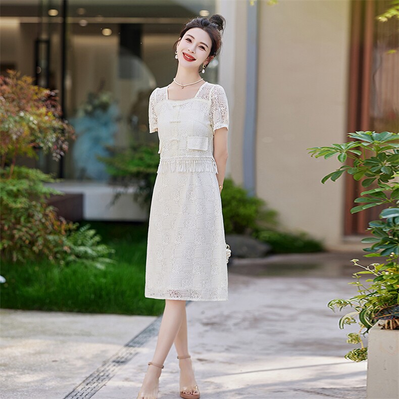 2024年夏季新款蕾丝裙优雅气质修身中式连衣裙,女装连衣裙,悦祺
