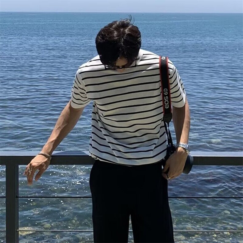W9613-P43网图现货夏季冰丝短袖T恤韩系轻奢风条纹针织衫透气,男装T恤,星座1608-2