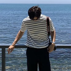 W9613-P43网图现货夏季冰丝短袖T恤韩系轻奢风条纹针织衫透气，男装T恤，星座1608-2