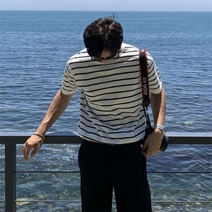 W9613-P43 网图现货 夏季冰丝短袖T恤韩系轻奢风条纹针织衫透气图片