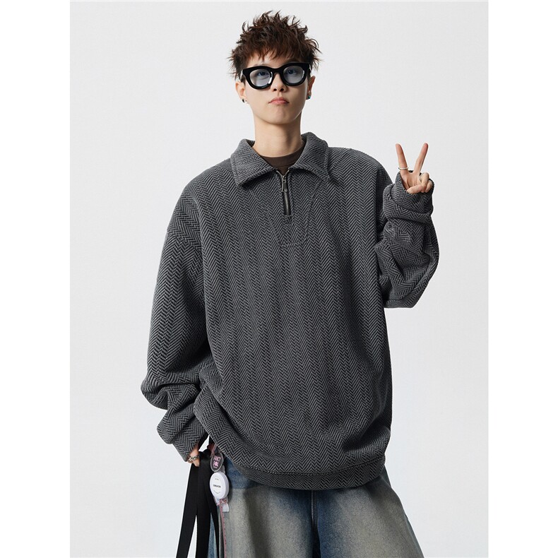 雪尼尔满天星半拉链翻领卫衣大码高级Polo衫外套LW610特P50加绒60,男装Polo衫,电商B215