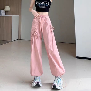 抽绳美式工装裤女夏季薄款阔腿裤设计感休闲小个子直筒裤图片