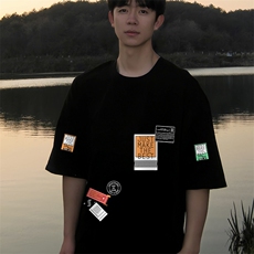 涂鸦补丁印花短袖T恤男潮牌潮流ins情侣上衣夏季新款大码宽松半袖，男装T恤，电商A040