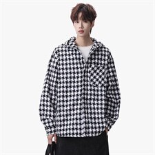 衬衫男春季新款港风宽松连帽大码格子长袖衬衣CS1981-P42，男装衬衫，星座214-3