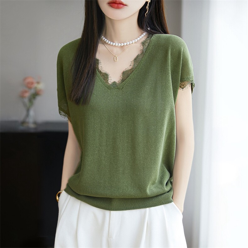 V领莱赛尔天丝针织衫短袖T恤女蕾丝花边领纯色上衣宽松半袖打底衫,针织衫/毛衣,暖烁羊绒