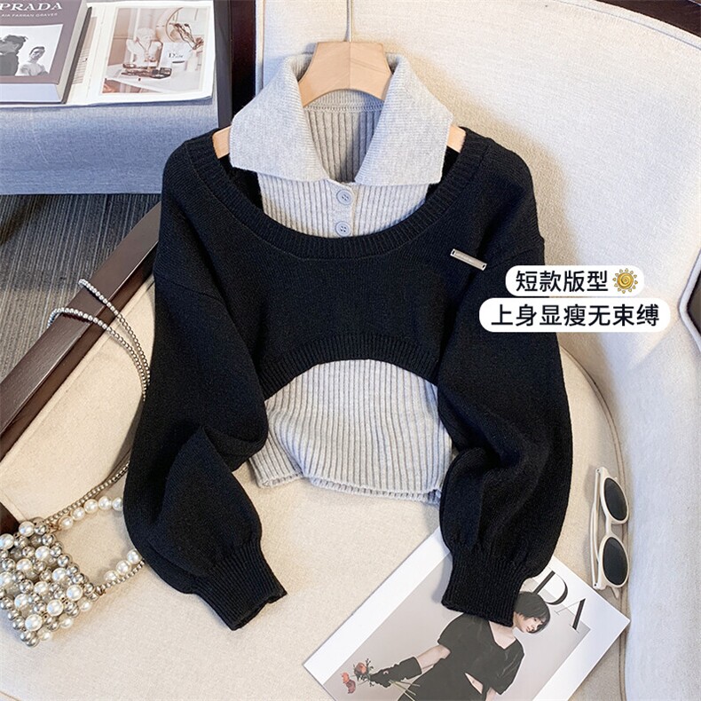 MY023-P65短款两件套毛衣秋冬新款美拉德内搭POLO领针织衫背心,男装针织衫/毛衣,星座911-3
