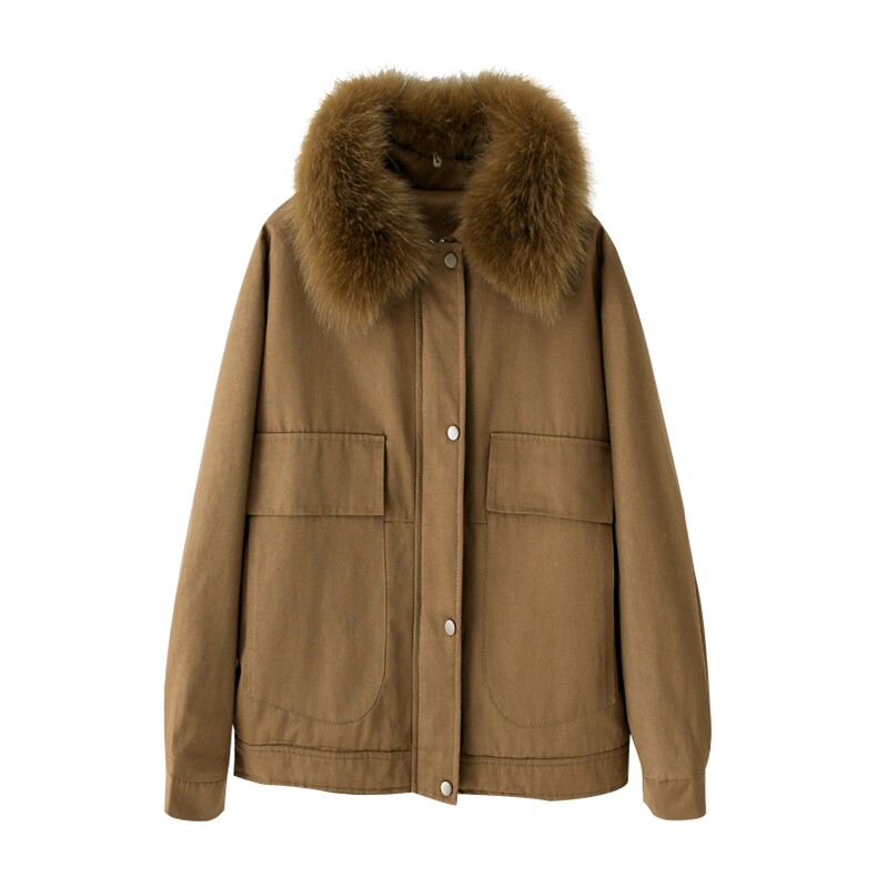 棉衣/棉服2021新款冬兔毛中长款工装带帽棉服女外套配毛领,女装派克服,瑶迪依秀
