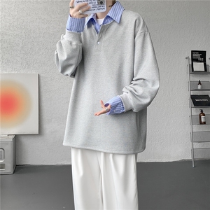 M-8XL假两件撞色polo衬衫翻领卫衣亨利领大码长袖上衣WY5117特P45