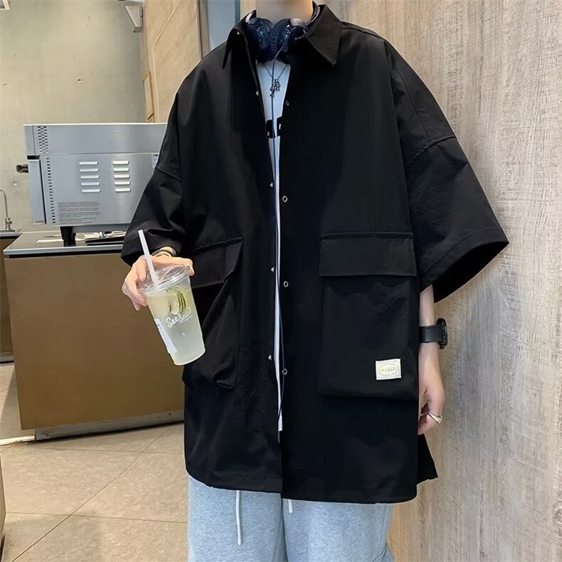 日系潮多口袋衬衫短袖休闲百搭宽松W1257-P35,男装衬衫,星座1109-3