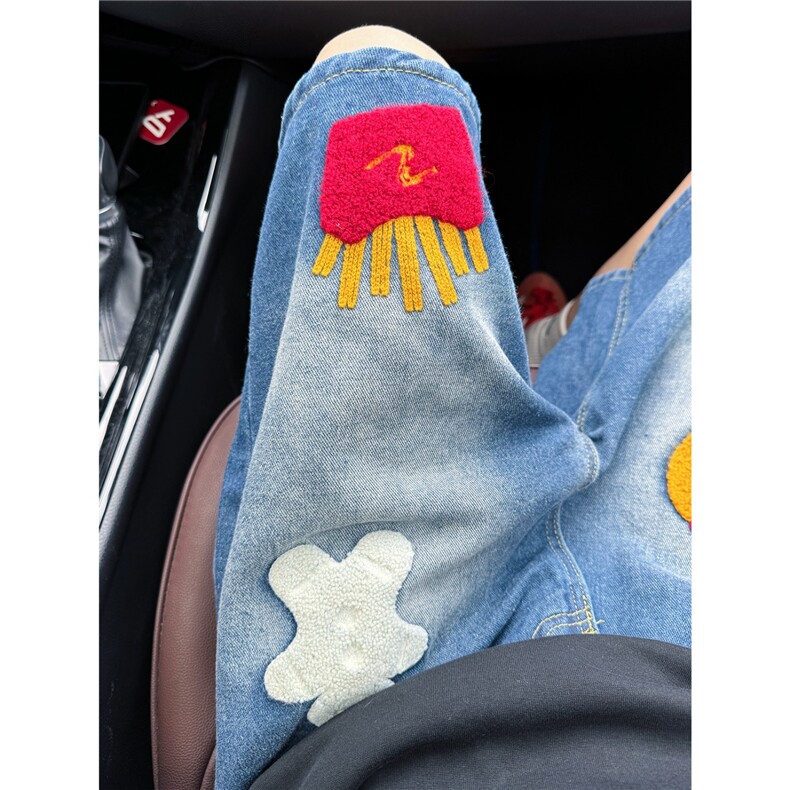 2025夏季新款阔腿直筒五分裤美式复古汉堡薯条毛巾绣牛仔短裤,男装牛仔裤,星座1210-1