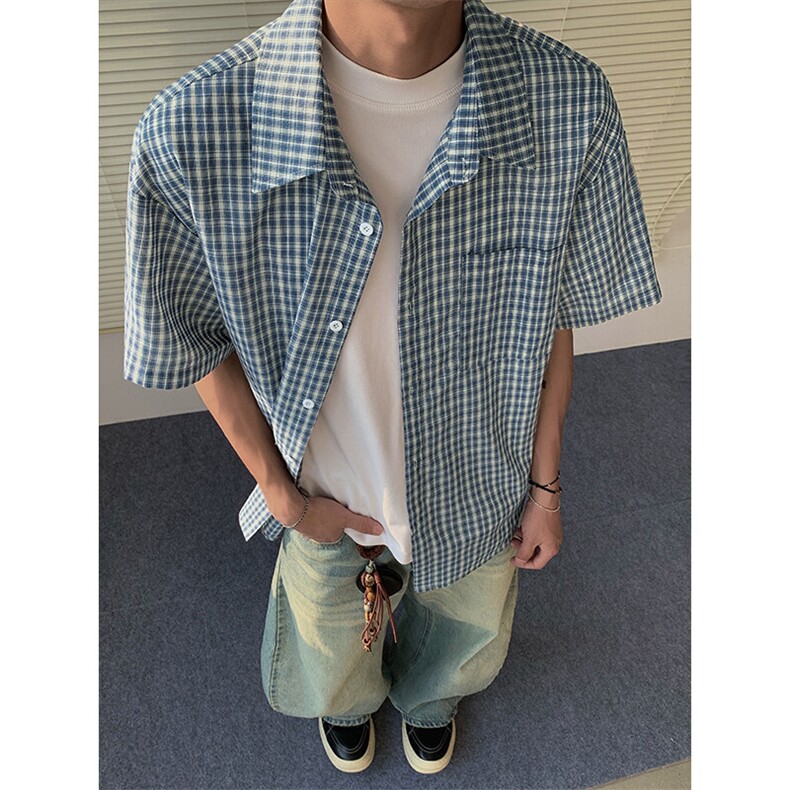 特批P25无差价夏季美式复古格子翻领宽松短袖衬衫外套男CD5493,男装衬衫,电商A001-1