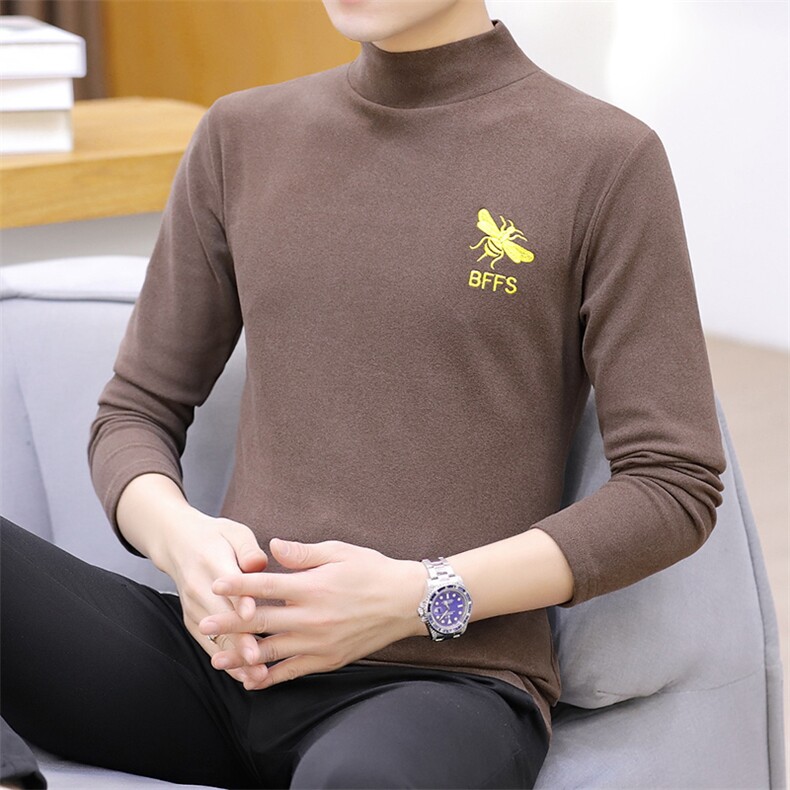 冬季半高领双面绒刺绣蜜蜂卫衣男加绒加厚保暖打底衫长袖棕330P28图片