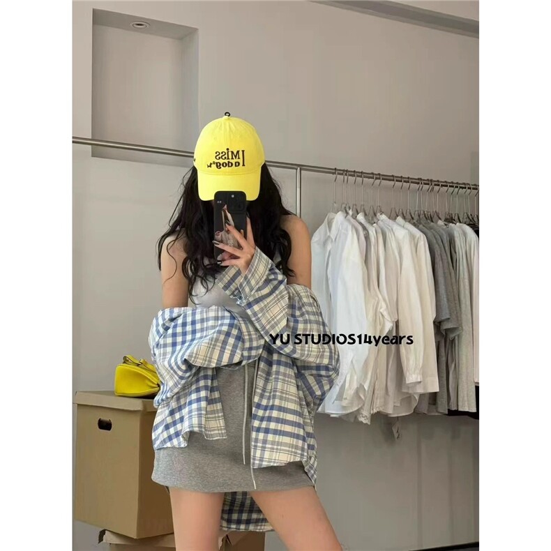 2025夏季新款韩版慵懒感蓝白格子衬衫外套女宽松休闲衬衣,男装衬衫,星座506A