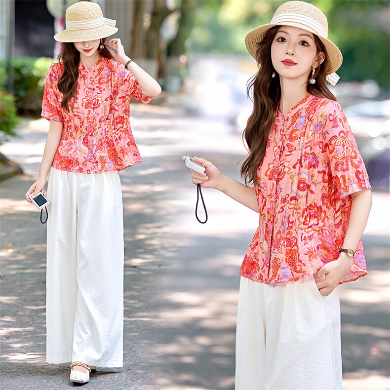 时尚休闲棉麻套装女2025夏新款复古印花褶皱收腰衬衫阔腿裤两件套，女装套装/套裙，恋慕依尚