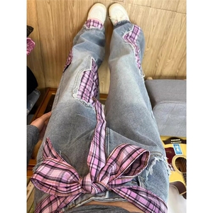 美式蝴蝶结绑带牛仔裤男女款拼接格子补丁小众设计感直筒阔腿裤子图片