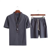 DY22*2021夏季男士棉麻短袖T恤套装大短裤两件套装男灰蓝*P38，男装T恤，星座1516（原B303）