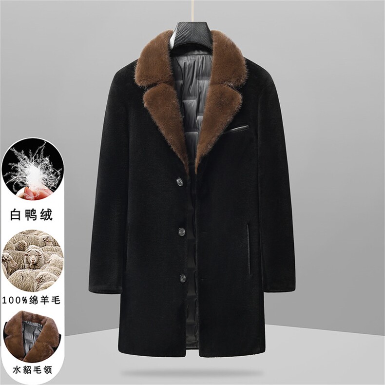 2025年新款中老年高端精纺全羊毛水貂毛领羽绒皮草外套大衣，男装皮衣，钱塘723