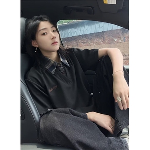 美式复古拼接假两件卫衣男刺绣薄款polo衫短袖上衣服D9122-P36图片